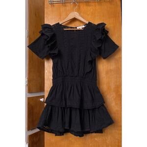 LoveShackFancy Black Natasha Short Sleeve Eyelet Ruffle Lace Mini Dress size S